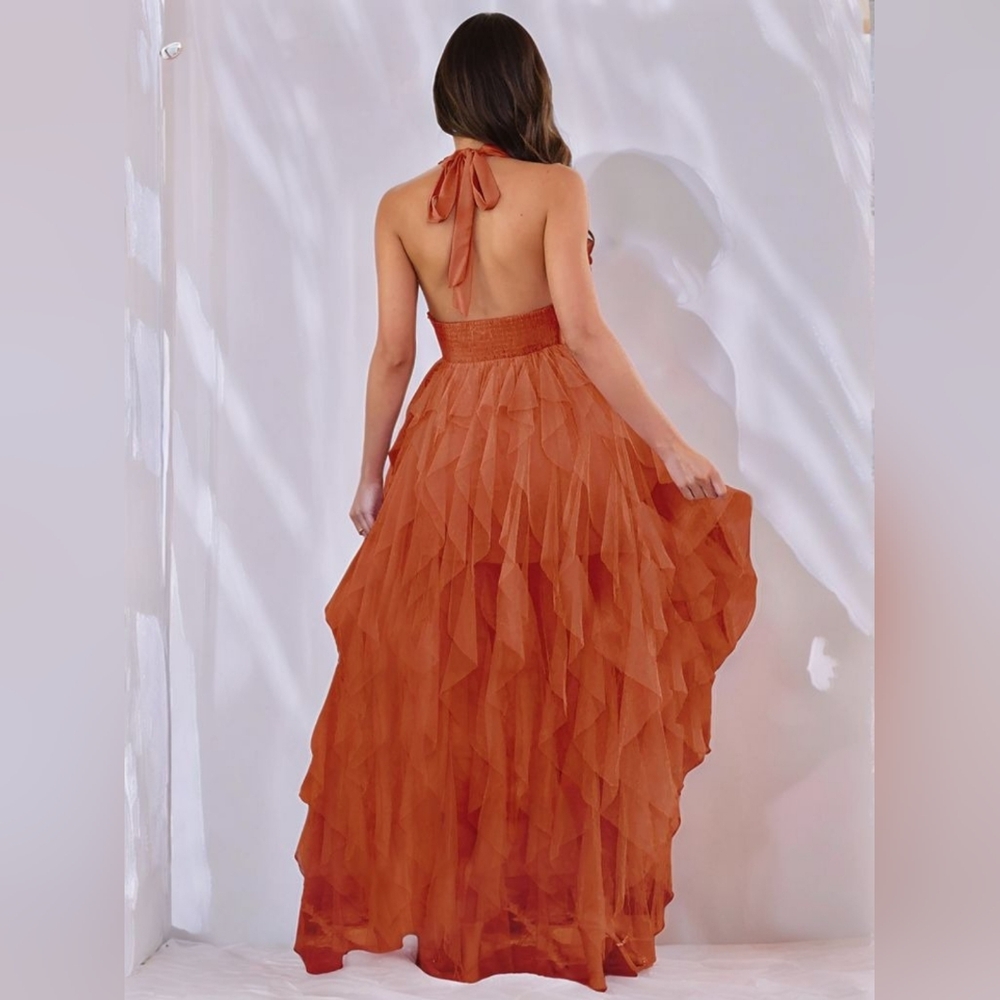 Chic Halter Maxi Dress in Vibrant Pumpkin Orange With Side Slit - Picture 3 of 8